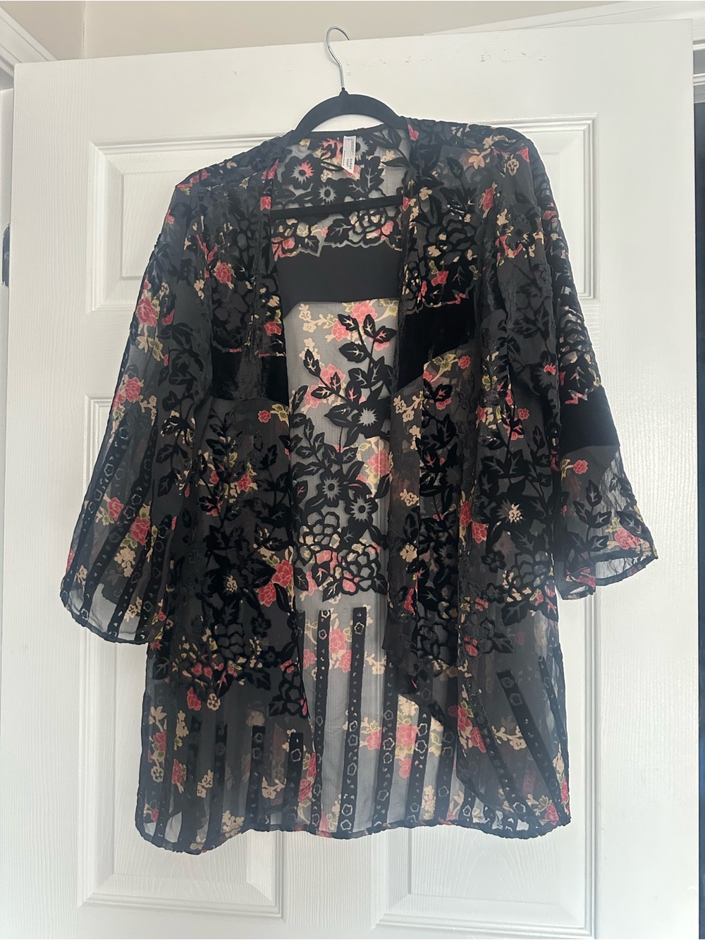 Anthropologie Velvet and Sheer Black Floral Kimono Cardigan